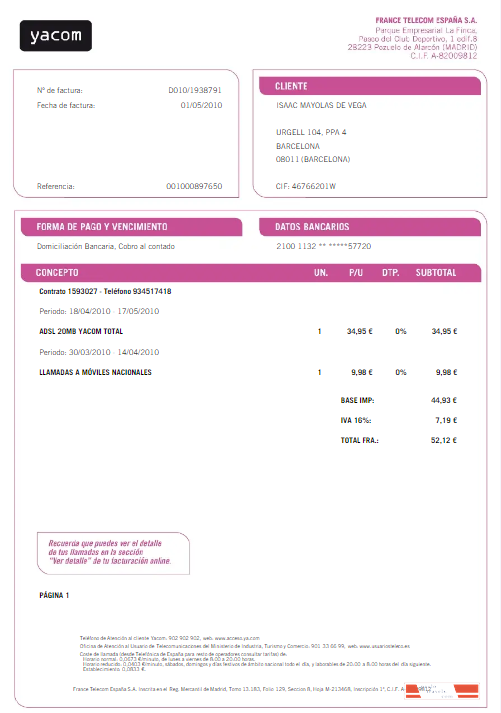 SPAIN YACOM utility bill Word and PDF template